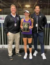 Monroe-Woodbury Athletic Director Lori Hock and Tennis Coach Tennis Chris Vero pose with Maeve Cassidy after she won the Section 9 Singles Championship.
