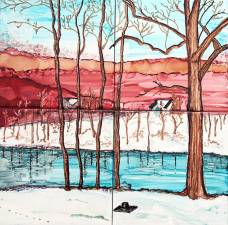 Alyta Adams is the Woodbury Public Library’s Artist of the Month. This is an “Alcohol Ink on Porcelain Tile” entitled “Winter Yard.”