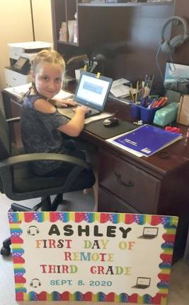 Ashley McHugh begins third grade remotely at Pine Tree Elementary School in Monroe on Tuesday, Sept. 8. Photo provided by her mother.