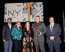 Dru Rai of NYS CIO presented awards to Mary Mirabella, Theresa Cody and Steven Frischknecht, with Orange County CIO Glenn Marchi, at the NY IT Leadership Forum in Albany on April 16, 2024.