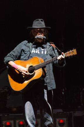 Neil Young performs at Bethel Woods Center for the Arts on Saturday, July 18, while backed by Lukas Nelson and Promise of the Real. Photo provided courtesy of Bethel Woods Center for the Arts.