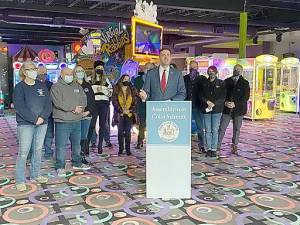 Assemblyman Colin Schmitt joined with local officials and business owners at The Castle Fun Center in Chester on the one-year anniversary of the COVID-19 pandemic to discuss state and federal assistance and legislative actions he is taking to provide needed assistance. Provided photo.