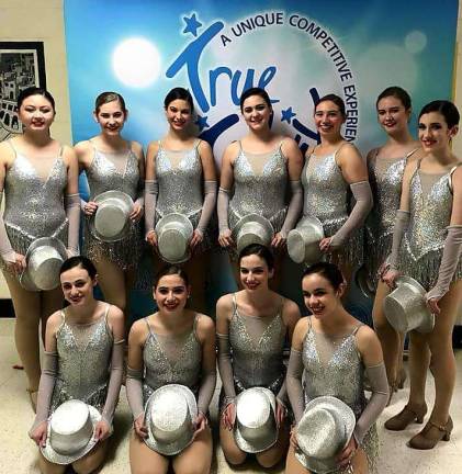 The Terpsichore Senior Company team, which earned second place in the teen large group category and The Broadway Bound Award, in the back from and from the left: Caleigh Ingram, Jenna Sommerlad, Megan Casey, Juliet Hennessy, Alexis Newman, Abby Auty and Emily Rita. Front row: Jenna Scerbo, left, Carleigh Newman, Adelia Salerno and Emma Katzman.