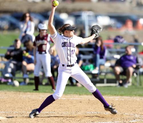 Samantha Ryan pitching during a game last April at home in Central Valley against Arlington High School. She struck out nine in five innings during this outing.