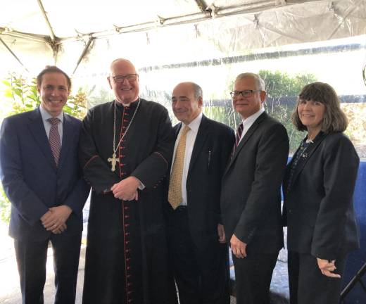 From left: Howard Zucker, MD, Commissioner, New York State Department of Health; His Eminence Timothy Cardinal Dolan, Archbishop of New York; Michael D. Israel, President and Chief Executive Officer, Westchester Medical Center Health Network; Gary F. Brudnicki, vice president, Westchester Medical Center Health Network; Mary P. Leahy, MD, CEO of Bon Secours Charity Health System.
