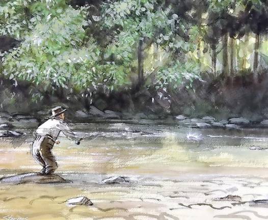 Honorable Mention Award: The Take: watercolor by Kevin Storms of Tyler Hill, Pa., formerly of Searsville.