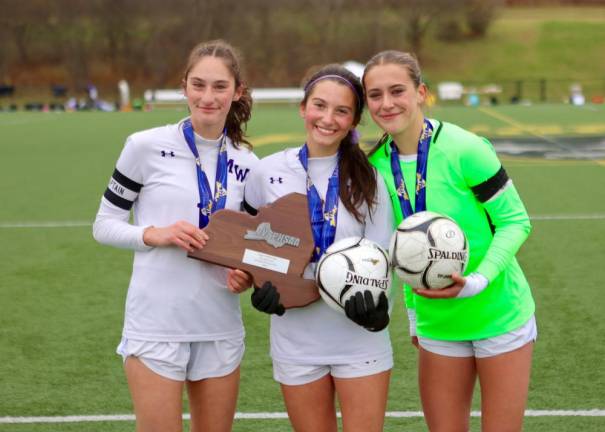 Crusader Co-Captains (L-R) Natalie Harwood, Faith Zollo, and Reese Dolan hold the NY State Class AAA second place plaque.