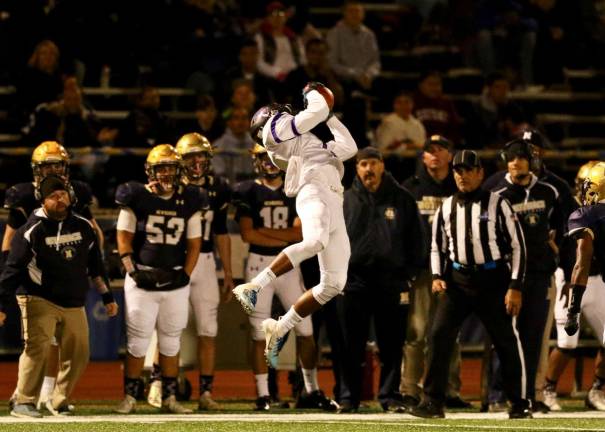 Photos by William Dimmit Teeshan Udayakumar makes a leaping catch in front of the Goldbacks' bench for a first down.