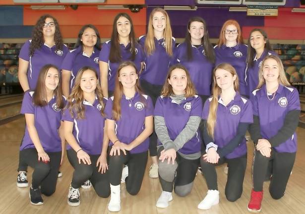 The Monroe-Woodbury Girls Varsity Bowling Team are, beginning with those standing, from left to right: Sydny Centeno, Ana Valle, Adrianna Lora, Quinn Guyt, Madeline Portney, Hailey Krocian and Nicole Riad; and in front: Julia Vierra, Catarina Schiff, Gabriella Krummack, Paige Connington, Samantha Larkin and Bella Benvenuto.