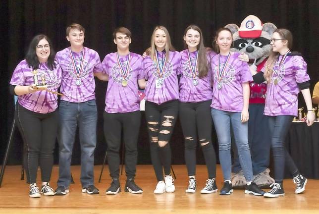Monroe-Woodbury High School's Net Working Division 3 team wins first place. Left to right: Coach Kaitlin Blumberg, Jack Kralik, Dylan Wright, Alexi Berges, Fiona Leitner, Amara Leitner and Sophia Baer.