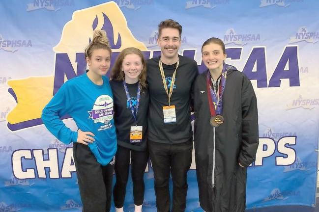 M-W celebrates 2019 State Championship. From left: Leah Levin, Molly Crowley, Coach Pat Capriglione and Meghan Catherwood.