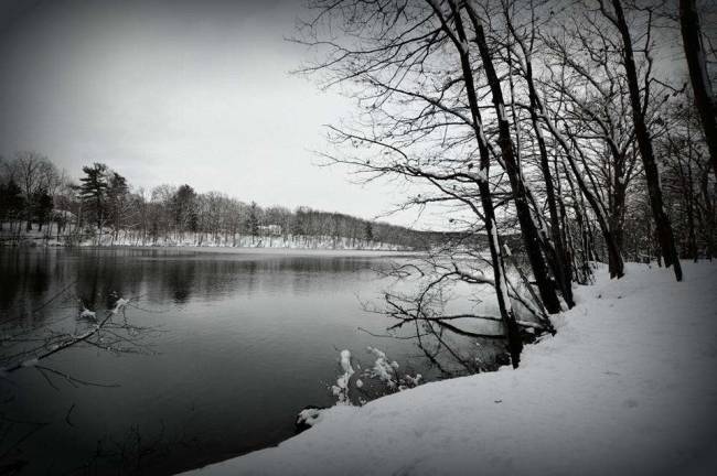 Photo provided Cristina Brueck Kiesel of Monroe wore snowshoes to get this image of Lake Sapphire in Monroe as snow quietly fell Tuesday morning.