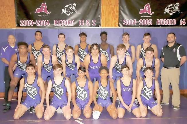 Members of the 2019-2020 Monroe-Woodbury Varsity Wrestling Team, beginning in the front row from left to right, are: Santos Ocasio, Maxim Javorsky, Kevin Samuel, Jordan Brown, Marco Piazza and Dan Connelly; middle row, from left: Marcus Brown, Mike Zrelak, Grant Barczak, Edwin Velasquez, Dan Downs andJoey McGinty; and in back from left: Assistant Coach Steve Fischbein, Frankie Hernandez, Mike Paravati, Luis Paulino, Mike Brafi, Max Wernicki, Steven Felice and Head Coach John Gartiser.