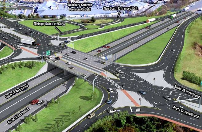 Located in the town and village of Woodbury, the Town of Monroe and the Village of Harriman, the Route 17 at Route 32 Exit 131 reconstruction project will feature a diverging diamond interchange. This design is intended to offer improved access to the surrounding schools, retail establishments, highways and local roads and improved travel time and safety.