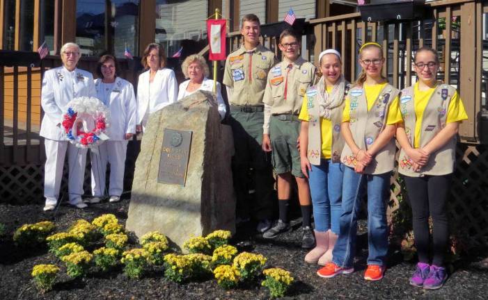 Provided photos Hudson Valley American Gold Star Mothers Unit 31 members Renate DeAngelis, left, Vivian Allen, Donna Yurista and Lorraine Voelke Griffenkranz with Boy Scout Troop 440 Eagle Scout Anthony Salatto, Troop 440 Scout Matthew Salatto and Monroe Cadette Troop 388 members Gabrielle Schnaars, Meghan Jezik and Allison Ampel during the American Legion Post 488's Gold Star Mothers Memorial Garden dedication on Sept. 27 at the legion.