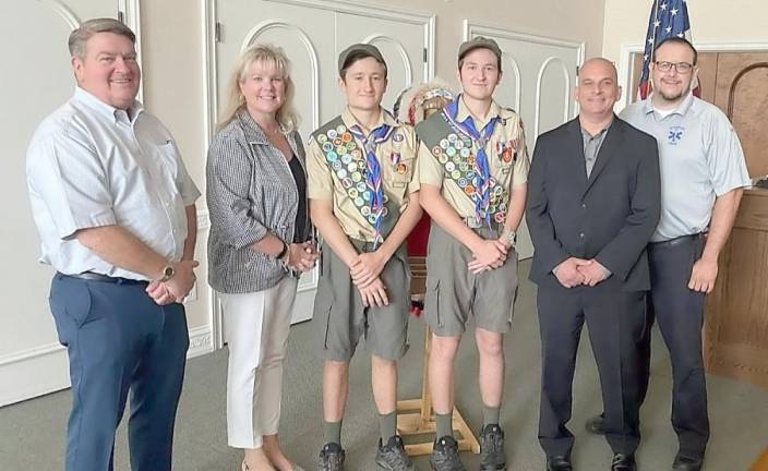 Pictured from left to right: Mike McGinn, Town of Monroe Councilman, Ann Marie Morris, Senior Center Director &amp; Parks Department Head, Cody Shapiro, Michael Shapiro, Sal Scancarello, Town of Monroe Councilman and Justin LaMarch, Monroe Volunteer Ambulance Corps. Photo provided by the Town of Monroe.