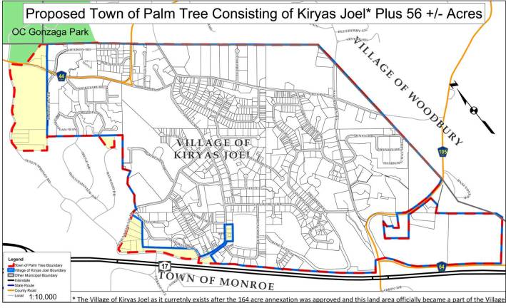 Map provided by the Village of Kiryas Joel Negotiators for the Village of Kiryas Joel and United Monroe have reached a compromise on the size and thus the boundaries of the proposed Town of Palm Tree (formerly North Monroe). What the two sides are proposing to the Orange County Legislature is a new municipality north of Route 17 that would include all of the Village of Kiryas Joel, the 164 acres that had been annexed into the village last year plus an additional 56 acres. When the petitions were filed last year, the amount of additional land was 382.