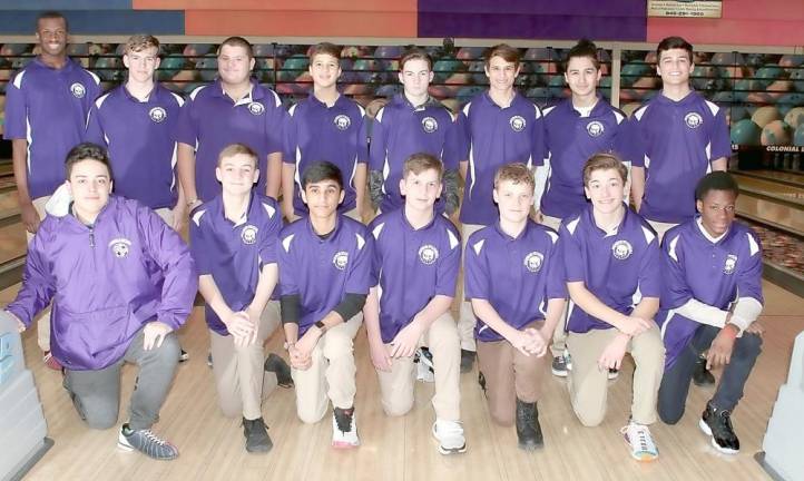 The Monroe-Woodbury Boys Varsity Bowling Team are, beginning with those standing, from left to right: Dylan Smith, Caleb Hoernig, Dominick Wolf, Kyle Trinkle, Chris Larkin, Shea Connington, Elias Gkouveris and Jason Fromowitz; and in front: Paolo Baglietto, Jake Egan, Armaan Khan, Jacob Fonyi, Hudson Hillegass, Nicholas DiFranza and Malachi Fletcher.