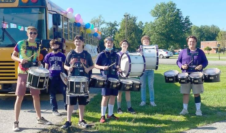 Pictured from left to right, members of the The Monroe-Woodbury Drumline are Jeremy Lanuti, William Nicoll, Ryan Ezratty, Ryan Kiesel, James Nicoll, Matt Coloma and Josh Leviseur. Photo by Diane Leviseur.