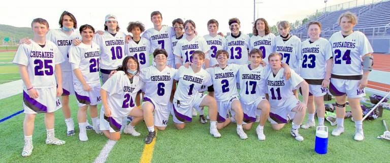 The Crusader Seniors: Standing from left to right are: Michael Grove, Ethan Charalambides, Jack Rumbler, Connor Fischer, Damian Bonilla, Thomas Concannon, Michael Ballinger, Sean Kivlehan, Kieran Hagen, Dean Pesce, Jake Capara, Tyler Nordquist, Danny Gilligan and Andrew Kaplan. And kneeling in front: Pillip Park, Ethan Gollinger, CJ Gullotta, Colin Duffy, Timothy Philbin and Brett Werling.