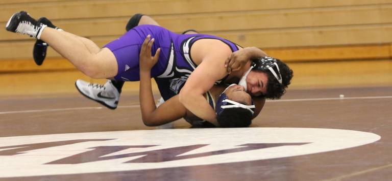 Samson Perez, at 195 lbs., recorded the fastest pin of the four when he took only 1:33 to dispatch Cameron Merchant.