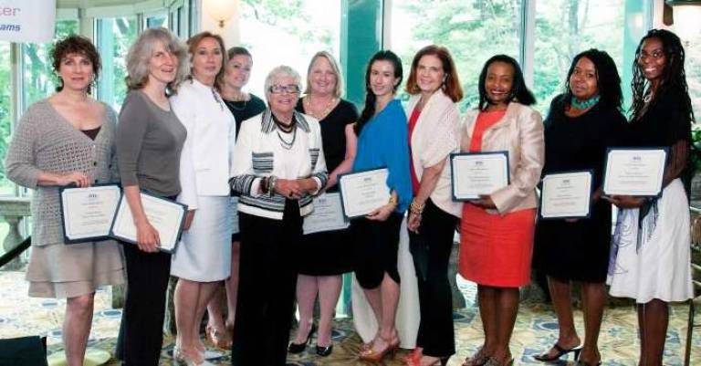 Patricia Lanza, president of the Lanza Family Foundation, (fifth from left) with LEAP award winners (left to right): Donna Simons, Donna Simons Studio, Pound Ridge; Lea Cullen Boyer, Green Guru Network, Palenville; Christine Sinclair, A Bark Above Inc., Central Valley; Marialisa Zywotchenko, Cyrus Contracting Corporation, Tuckahoe; Susanne Leary Shoemaker, Undercare, Inc., Bronxville; Melinda Huff, Mirame, Yorktown Heights; Candida Canfield, Dinner in Hand, LLC, New Rochelle; Kecia Palmer-Cousins, G&amp;K Sweet Foods, LLC, Peekskill; Diana Scott-Sho, The Luscious Little Dessert Company, Yonkers; and Tamara Wrenn, Just Us Women Productions, LLC, Harriman.