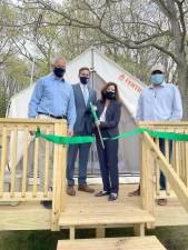 Assemblyman Colin J. Schmitt joined Lt. Gov. Kathy Hochul, tart Parks Commissioner Erik Kulleseid this week at Harriman State Park for the announcement of a private-public partnership between New York State and Tentrr for a new camping service. Provided photo.