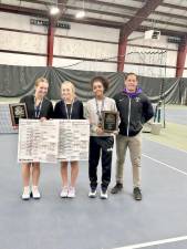 L-R Maeve Cassidy (Singles), Brooke Reese and Amaya Grant (Doubles) Champions and Christopher Vero Director of Athletics.