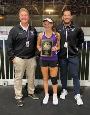 Monroe-Woodbury Athletic Director Lori Hock and Tennis Coach Tennis Chris Vero pose with Maeve Cassidy after she won the Section 9 Singles Championship.