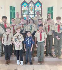 Pictured from left to right, beginning in the top row, are: Troop 440 leaders James Martinez, Ryan Kearney, Steven Thau and Gian Portanova; from left in the middle row: Nicholas Alappat, Matthew Capps, Patrick Martinez, Daniel Ruggiero, Michael Kearney, Nicholas Doran and Tyler Wood; and in front: Lincoln Pearce, Donovan Ross, Israel Gopee and Michael Alappat. Photo provided by Steven Thau/Troop 440.