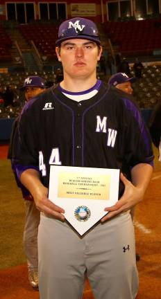 Crusader starting pitcher Kyle Eskildsen (#44) was awarded a Tournament MVP for his no-hit 1-0 victory over Brewster on Monday.