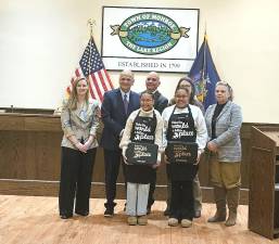 L-R Back: Councilwoman Maureen Richardson, Supervisor Anthony Cardone, Councilman Sal Scancarello, Councilwoman Dorey Houle, and Councilwoman Mary Bingham. L-R Front: Hailee and Madison Lendor.