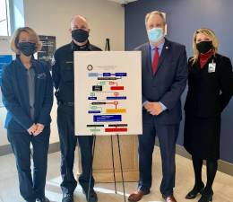 Pictured from left: Annette Kahrs, executive director of Hope Not Handcuffs-Hudson Valley; Mount Hope Chief Paul Rickard, who is also president of the Police Chiefs’ Association of Orange County, District Attorney David Hoovler and Darcie Miller, commissioner of the Orange County Departments of Mental Health and Social Services. Provided photo.