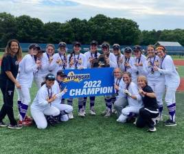 The victorious Monroe-Woodbury softball team poses with their 2022 State Champion banner. Front row, left to right: Kim Rojas, Danielle Ryan, Hanah Armstrong, Olivia Shippee, and Assistant Coach Elaine Schellberg. Back row, left to right: Coach Penny Roberts, Erin Coyle, Nadia Bjaelker, Maddy Bendix, Val Pedersen, Brianna Roberts, Emma Lawson, Anna Paravati, Brenna Quinn, Mandy Palmer, Gabby Schaeffer, Kelsey O’Brien, and Allison Havercamp. Photos provided.