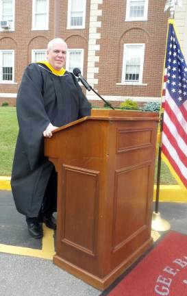 Superintendent of Schools and Principal Timothy H. Bohlke speaking at graduation ceremonies for the George F. Baker High School Class of 2020. File photo by Frances Ruth Harris.