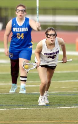 Jocelyn Rostawanik gets ready to take a penalty shot. She scored five goals in the game.