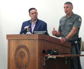 County Executive Steven M. Neuhaus with State Police Captain Peter Cirigliano II, Troop F, Zone 2 Commander at the Orange County Government Center on June 20, 2023.