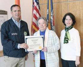 Pictured from left to right are Orange County Executive Steven M. Neuhaus, Citizen of the Month Sue Heywood and Tuxedo Councilwoman Michele Lindsay on Jan. 31 at the county’s Emergency Services Center in Goshen. Photo provided by Orange County.