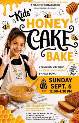 Chabad Goshen to host a Kid’s Honey Cake Bake ahead of Rosh Hashanah.