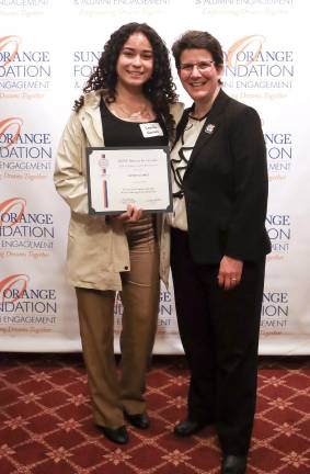 SUNY Orange 2024 scholarship award recipient student Camila Gomez and SUNY Orange President Dr. Kristine Young<i> </i> at last year’s SUNY Orange Foundation Scholarship Awards Ceremony.