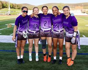 Before the game, the Crusaders honered the five seniors on this year’s team. From left to right they are: Chloe Ahorrio, Madelyn McCleary, Kayla Patino, Madison Fileen and Thalia Maikisch. Photos by William Dimmit.
