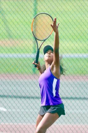 Amaya Grant gets off a big serve in her 6-0, 6-3 victory in #2 Singles