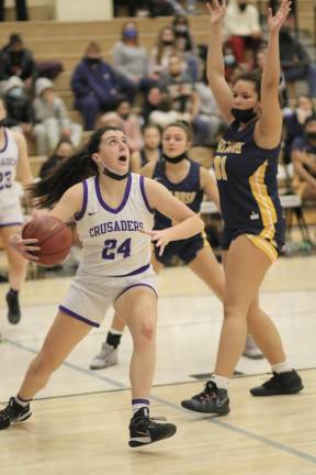 Lauren Morgante #24, swings around the Pine Bush defender in the first half.