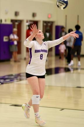 #8, Senior, Co-Captain Julianna Robusto gets ready to serve
