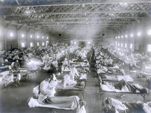 This is an emergency hospital at Camp Funston in Kansas during influenza epidemic in 1918-20. By some estimates, more people died in a single year from the Spanish Flu than died in four years of the Bubonic Plague (also called the Black Death, 1347-1451). In the U.S. the deadliest death toll was 195,000 in a 31-day period. Then, within a short time frame, the flu disappeared as mysteriously as it had appeared.