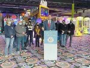 Assemblyman Colin Schmitt joined with local officials and business owners at The Castle Fun Center in Chester on the one-year anniversary of the COVID-19 pandemic to discuss state and federal assistance and legislative actions he is taking to provide needed assistance. Provided photo.