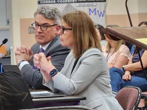Superintendent Elsie Rodriguez along with Assistant Superintendent for Business and Management Services Patrick Cahill during the final 2023-2024 school budget hearing.
