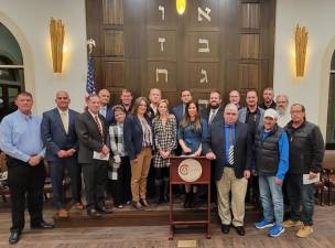 Local religious, political and community leaders attend a rally at Chabad of Orange County in Monroe to show solidarity with Israel on Oct. 9.