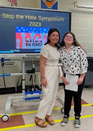 S.S. Seward Institute student Pippa Cary, right, with teacher Kate Riehle. Cary was one of three winners of the Jewish Federation of Greater Orange County’s 2023 Stop Hate Challenge. Provided photos.