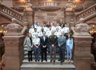 State Sen. James Skoufis and Assemblyman Chris Eachus pose with Lieutenant General Steven Gilland, the 61st superintendent of the United States Military Academy, cadets and members of the senator’s senior staff on April 26th at West Point Day. Photo provided by State Sen. James Skoufis’ office.